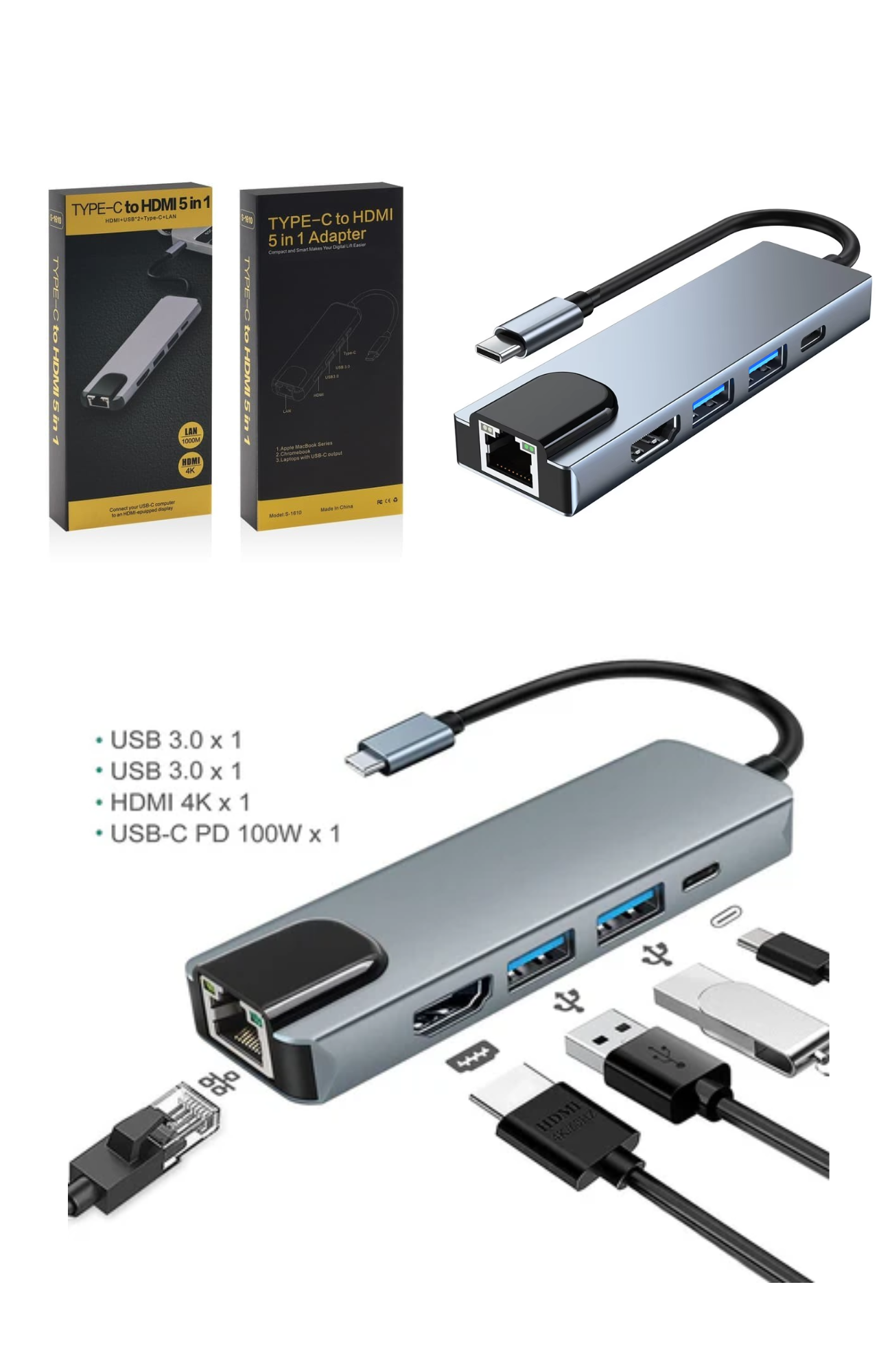 TYPE-C TO HDTV 5 IN 1 LAN+TYPE-C+USB3.0*2+HDTV