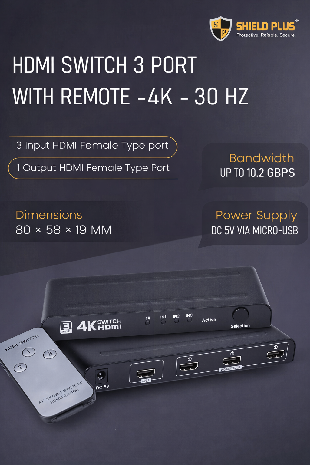 SP- HDMI SWITCH 3 PORT WITH REMOTE -4K -30 Hz
