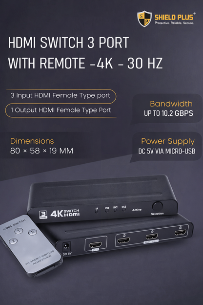 SP- HDMI SWITCH 3 PORT WITH REMOTE -4K -30 Hz