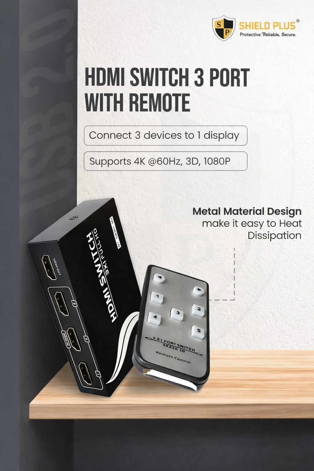 SP- HDMI SWITCH 3 PORT WITH REMOTE-METAL- 4K-60Hz