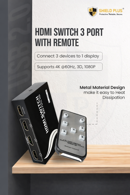 SP- HDMI SWITCH 3 PORT WITH REMOTE-METAL- 4K-60Hz