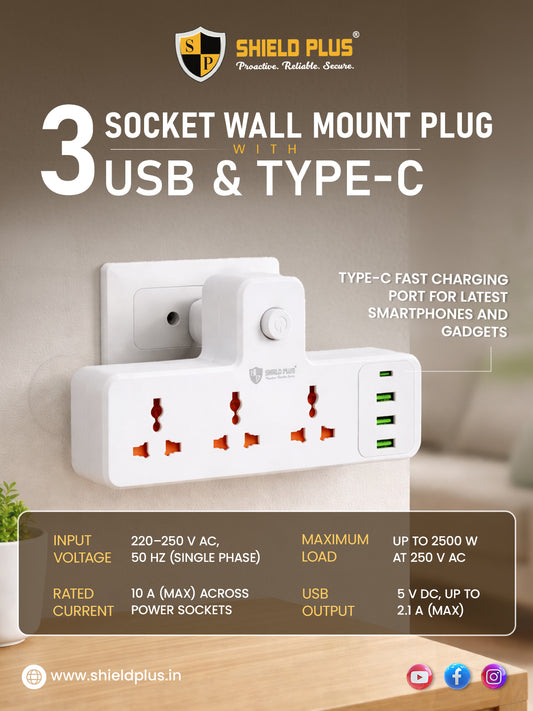 SP- 3 SOCKET WALL MOUNT PLUG WITH 3 USB & TYPE-C